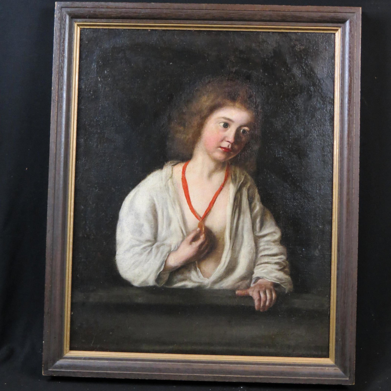 Antique Oil Painting of a Pensive Young Man,: wearing a medal on ribbon, canvas on board, image area 21"X 27", plus frame.