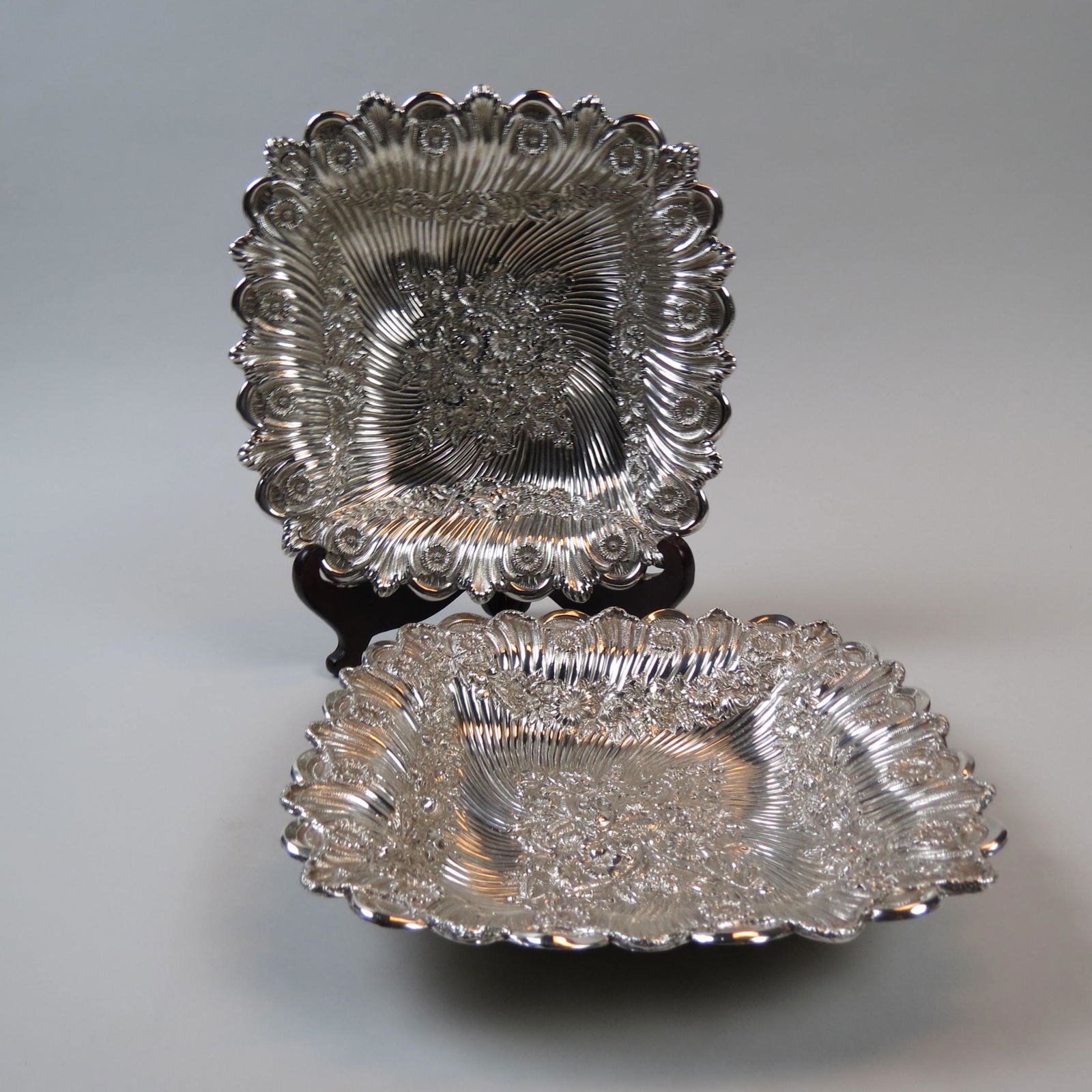 Pair of Kirk & Son Repousse Sterling Square Bowls, (1 of 6)