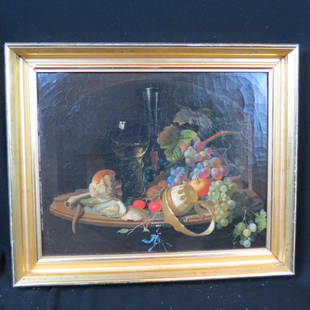 Manner of Willem Claesz Heda, Dutch, 1594-1680,: still life with rummer, fruit and oysters on a ledge, unsigned, on canvas, image area 15 1/8" X 19" plus frame. Provenance; Skinner's auction Boston, Nov. 17, 2006, for a total of $6,463.00....Biograp