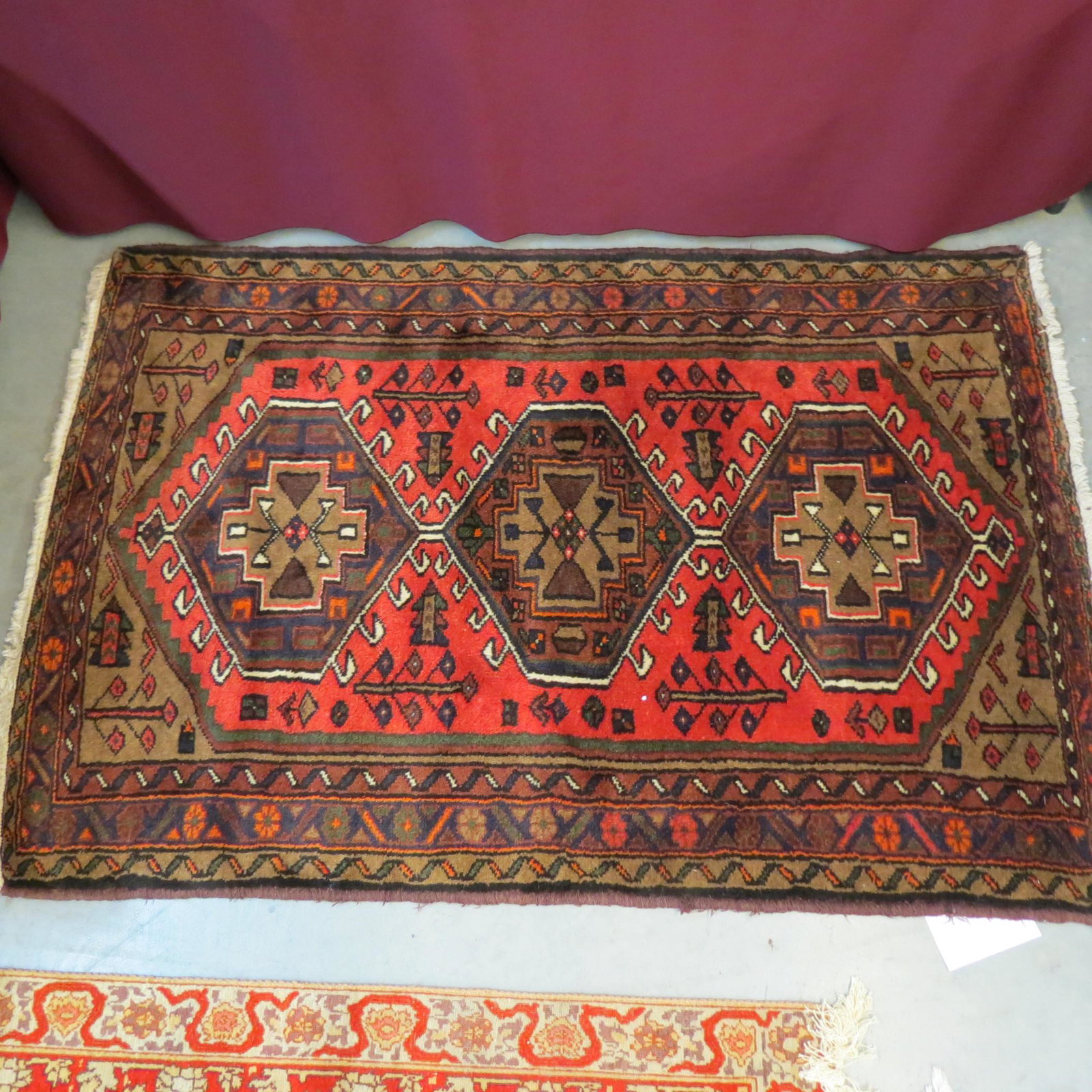 Hamadan Persian Handmade Rug,: triple geometric medallion designs, red field, brown borders, 3'3" X 4'10".