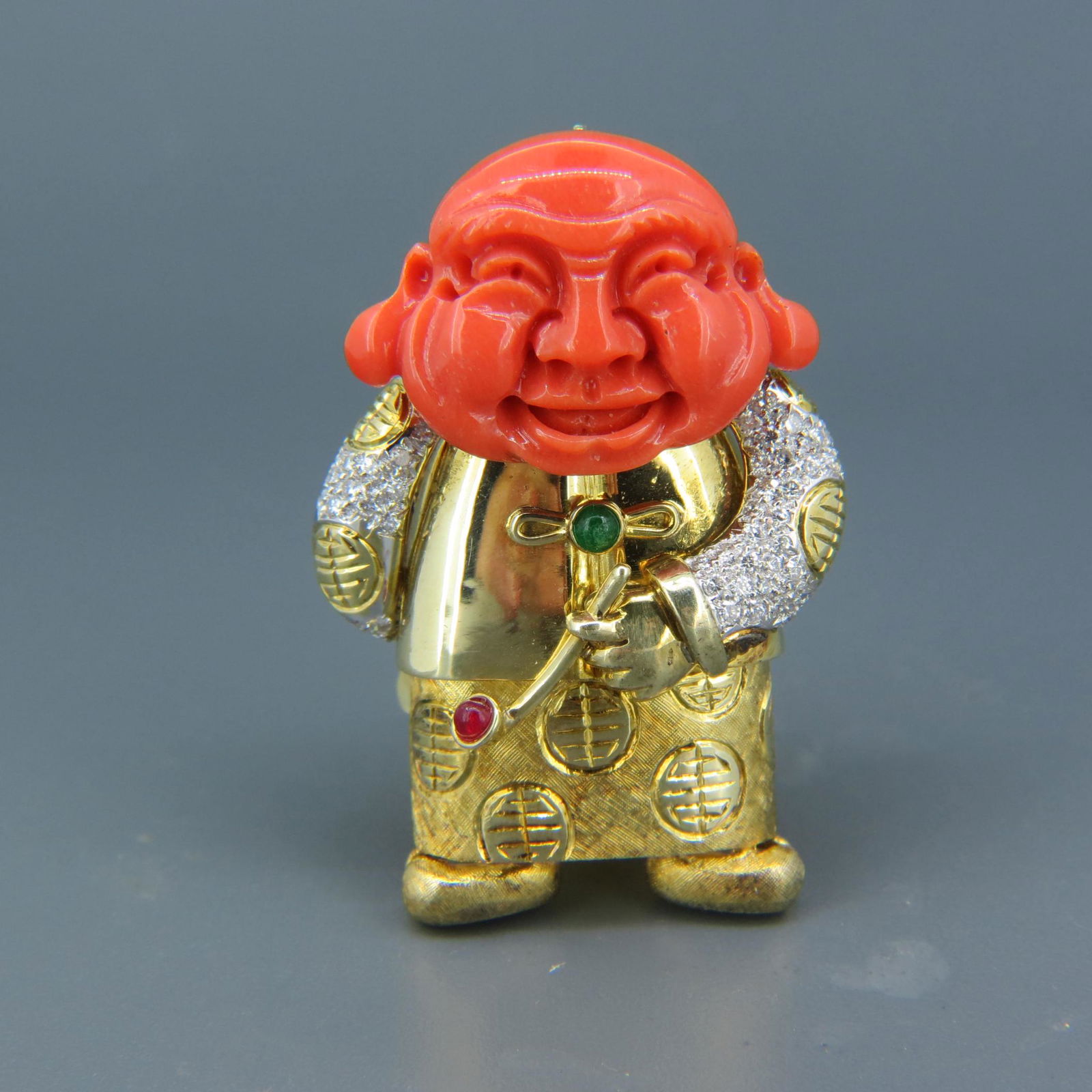 14K Gold Diamond & Coral Standing Buddha Brooch, (1 of 6)