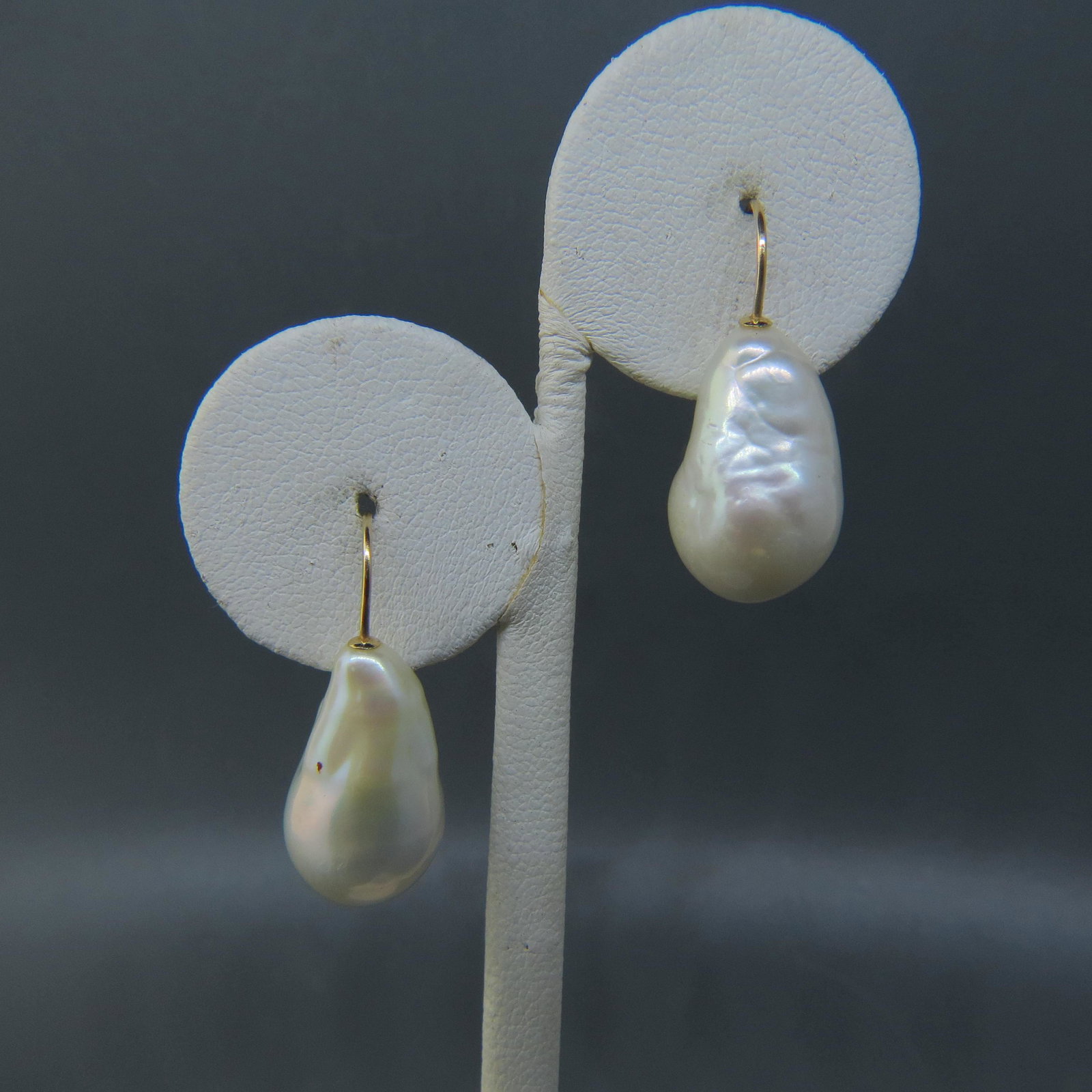 Large Pearl & 14K Gold Earrings,: baroque teardrop shape pearls with yellow gold wires, signed Nabco, 3 1/4" long. pearls themselves measure 20 mm long and 11 mm wide