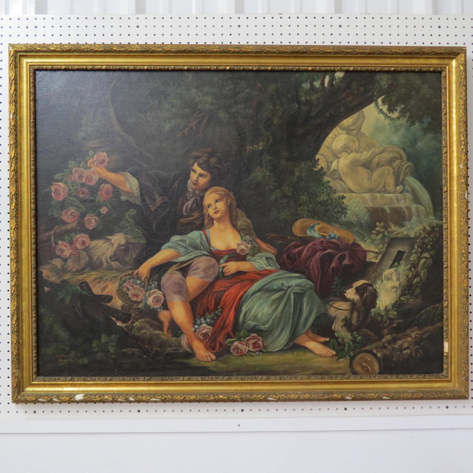Oil Painting of Young Couple in the Garden,: dog by their side, signed, oil on canvas, image area 36" X 48",plus gold frame, some restoration.