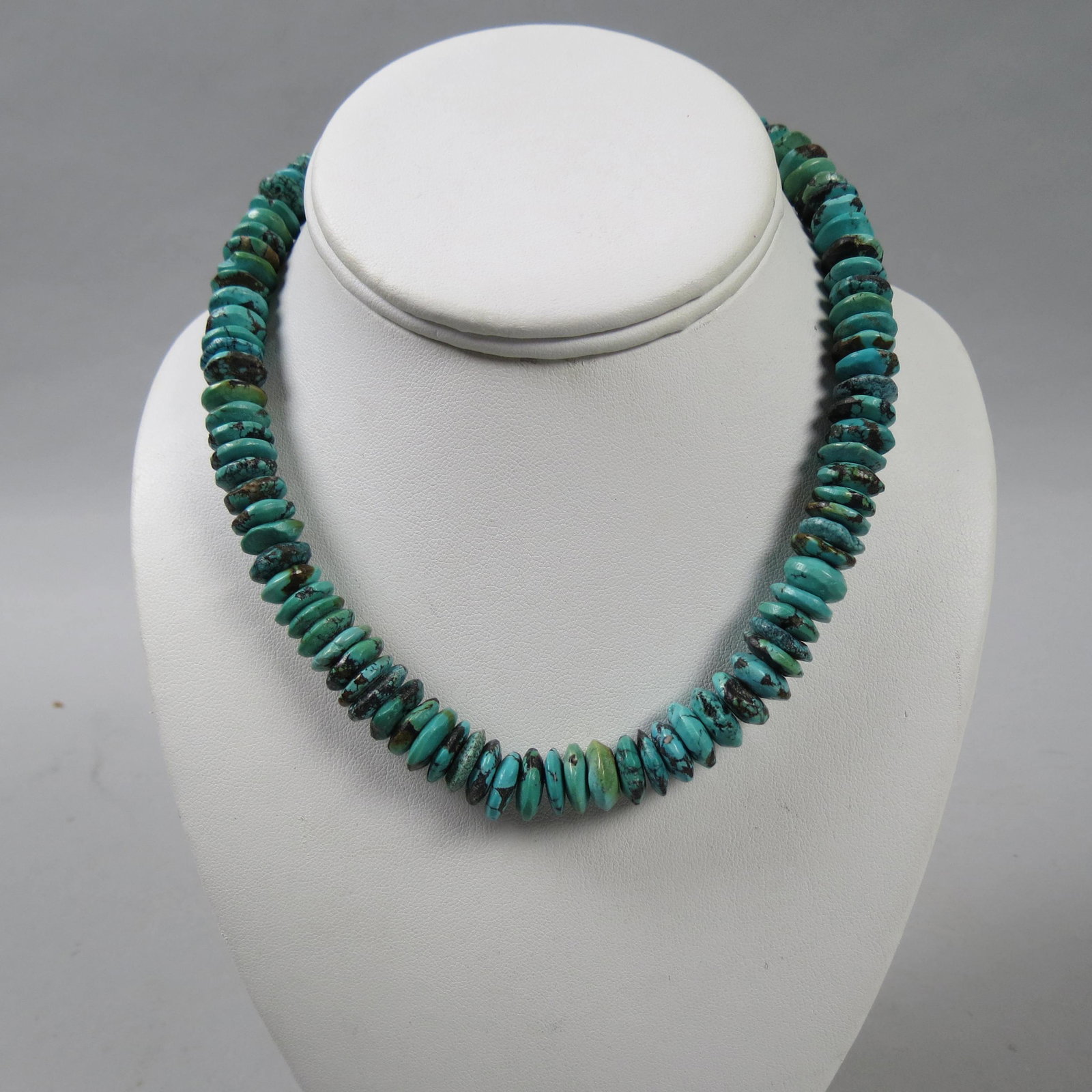 Turquoise Bead Necklace,: tapered discs, sterling clasp, 16" long.