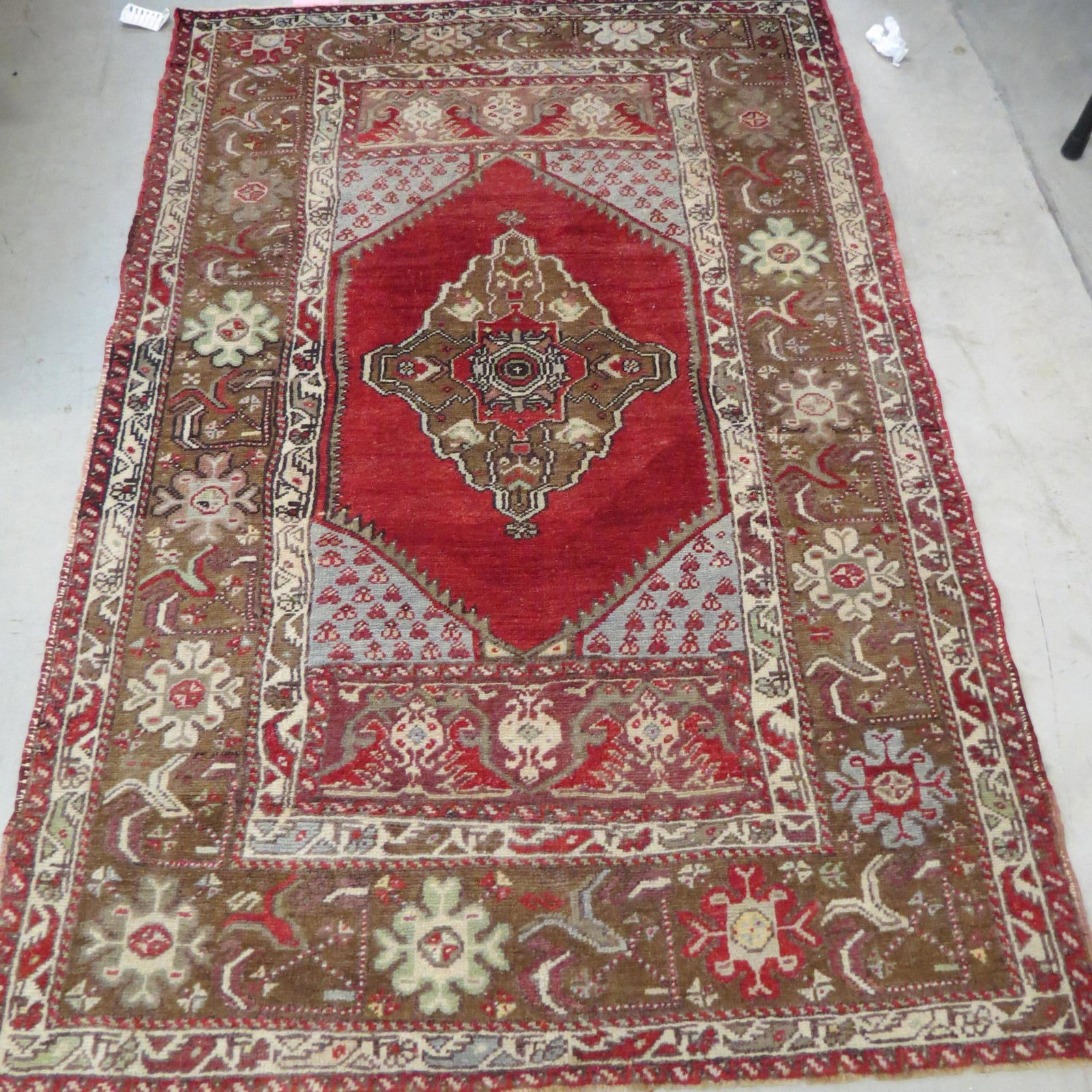 Oushak Turkish Handmade Rug,: fine center medallion, fancy designs, multi-border, brown trim, 3'6" X 5'3".