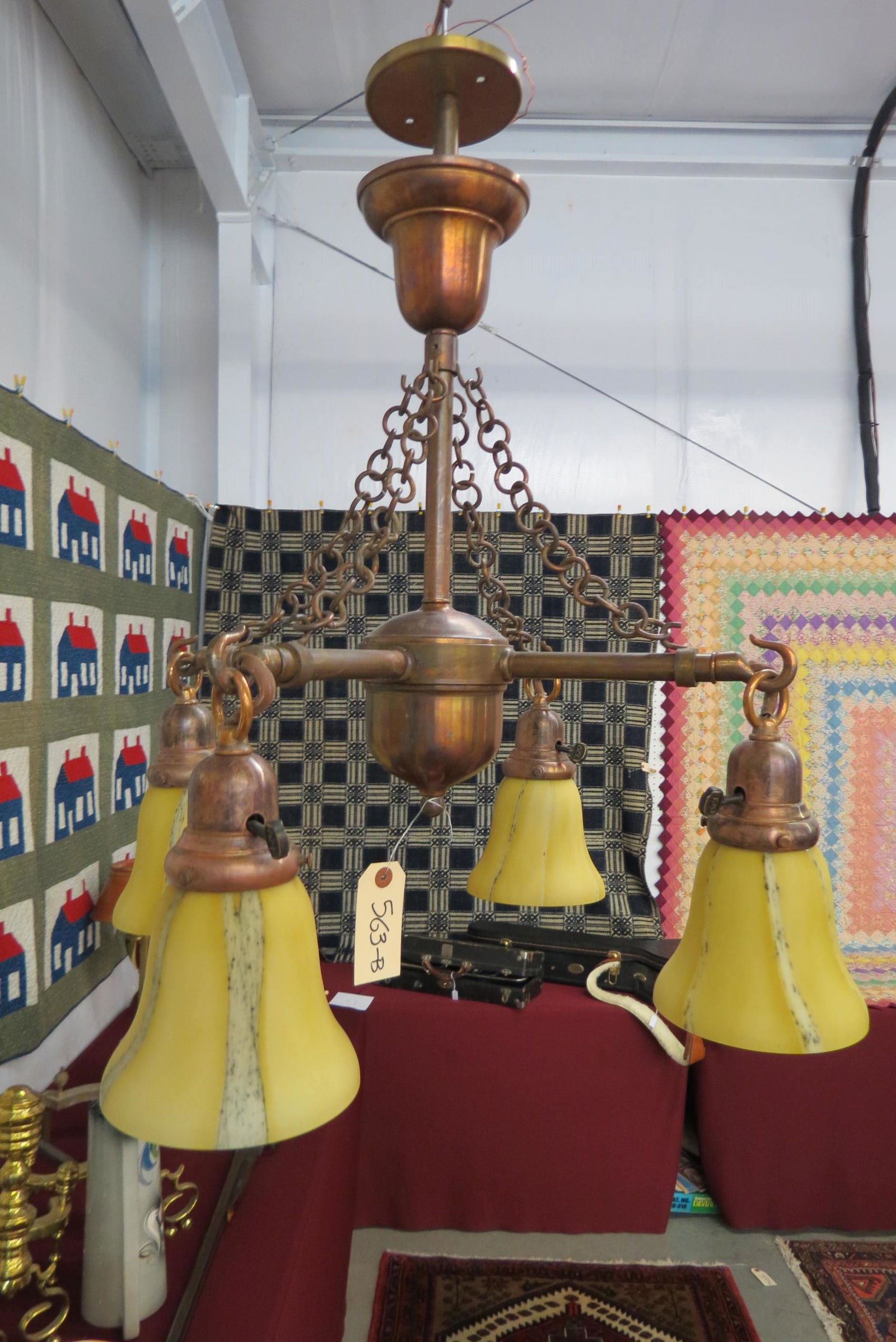 Bronzed Hanging Light with Art Glass Shades, (1 of 6)