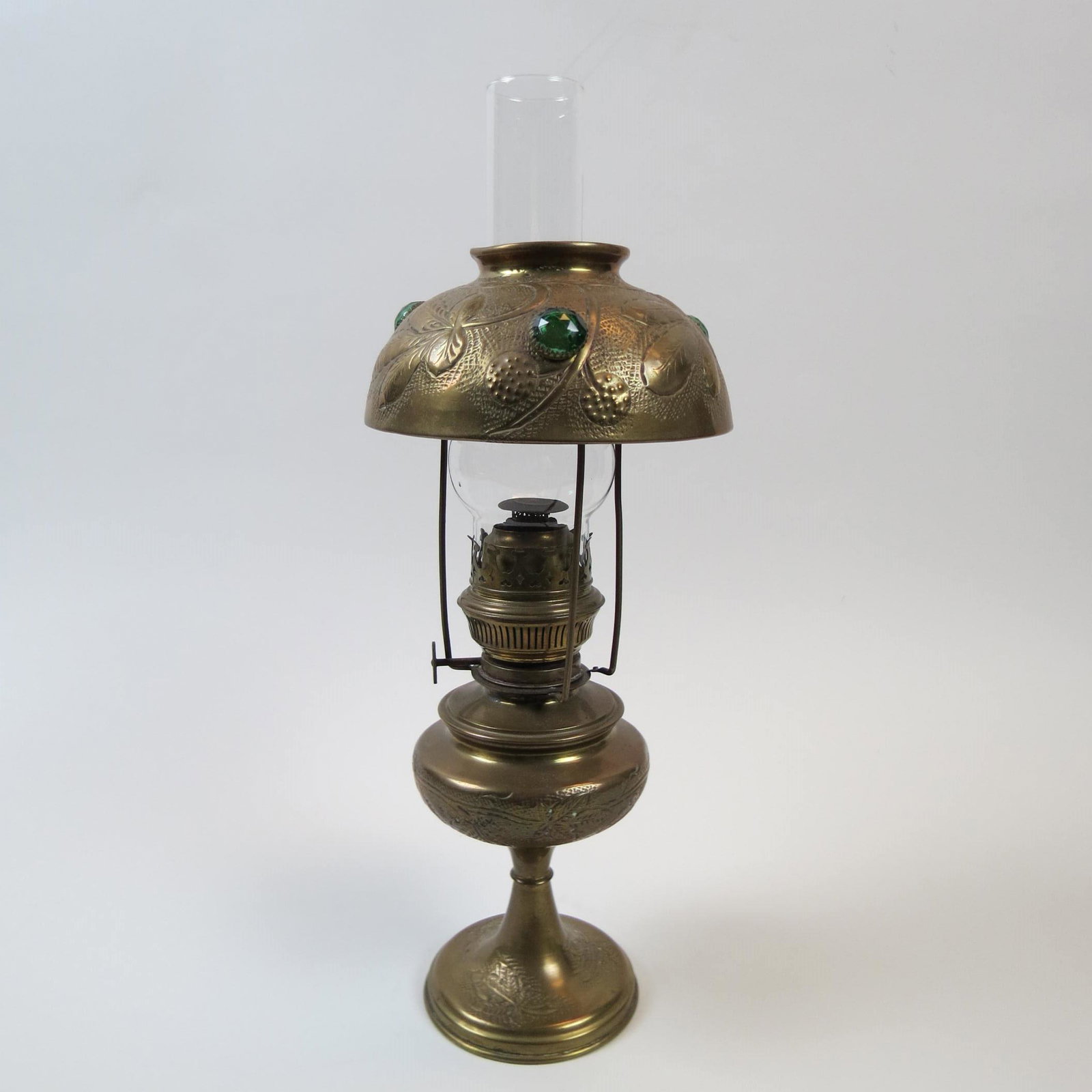 Antique Brass Oil Lamp with Jeweled Shade,: 14" tall.