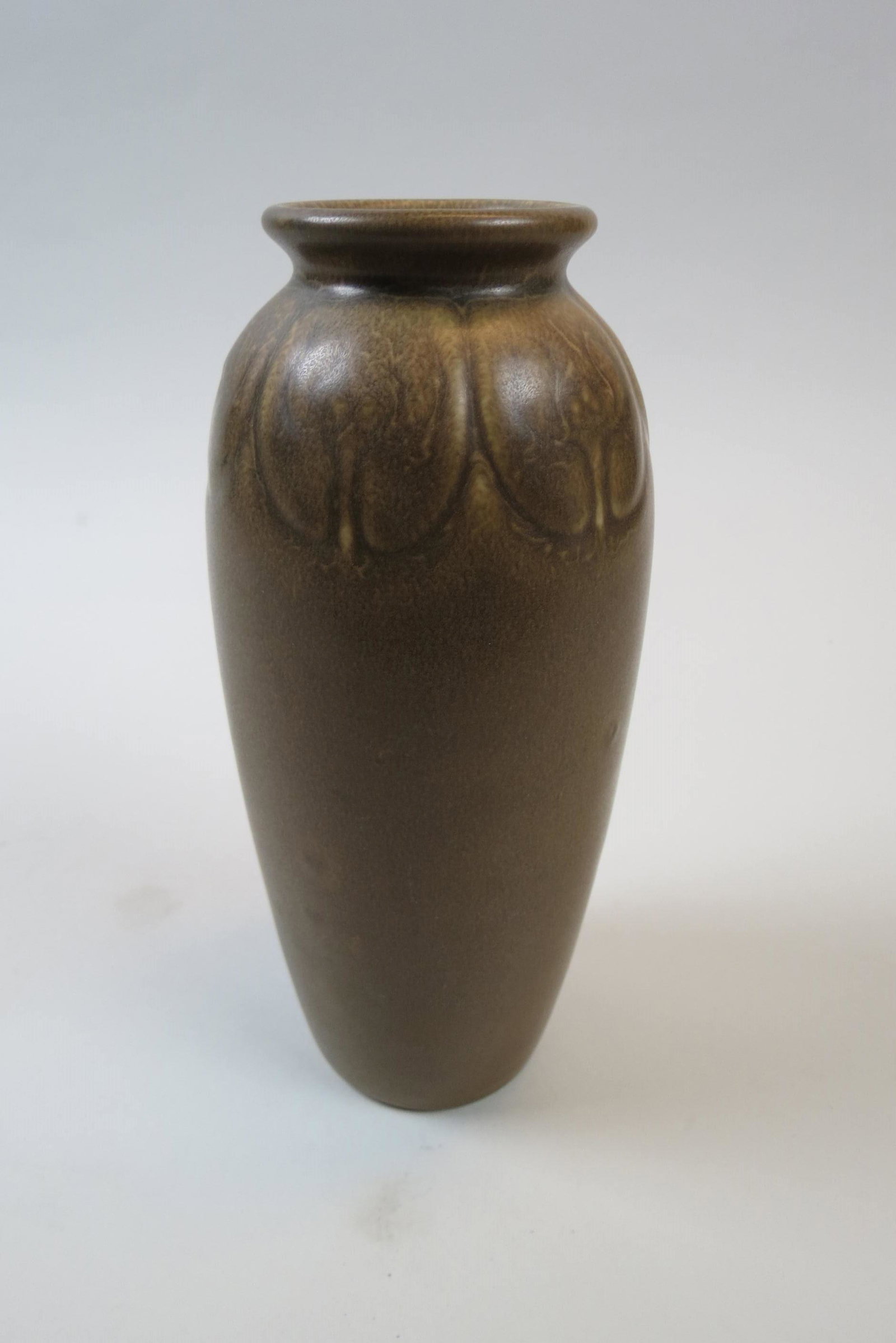 1919 Rookwood Pottery Vase,: Arts & Crafts era, design at top, mottled brown butterfat style glaze, shape #2377, 9", excellent.