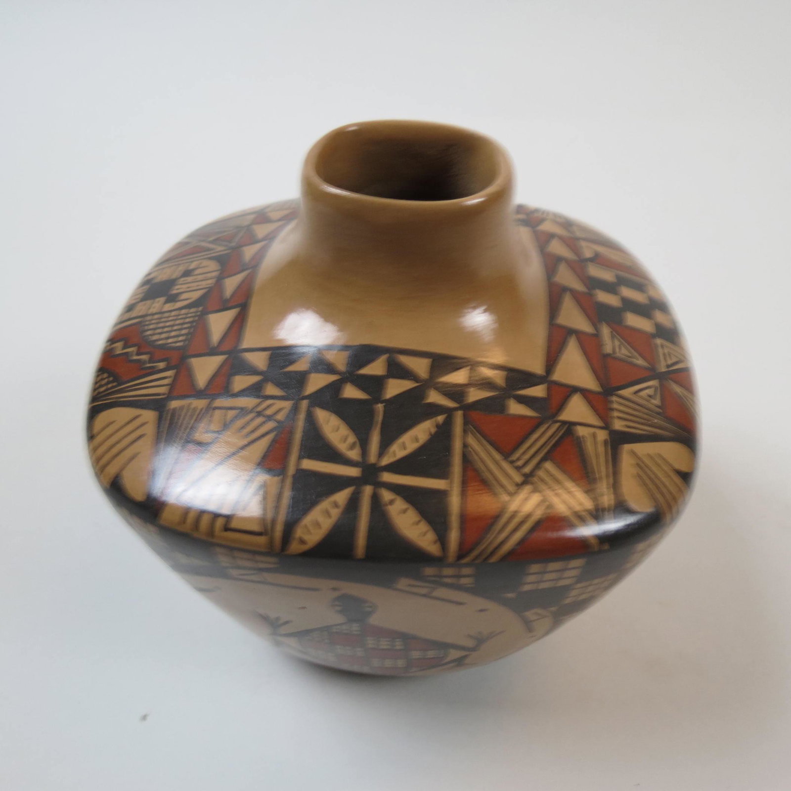 Bony Mora Pottery Vase,: with fish, bird and turtle in panels, geometric designs above, 5" tall, 5" diameter, excellent.