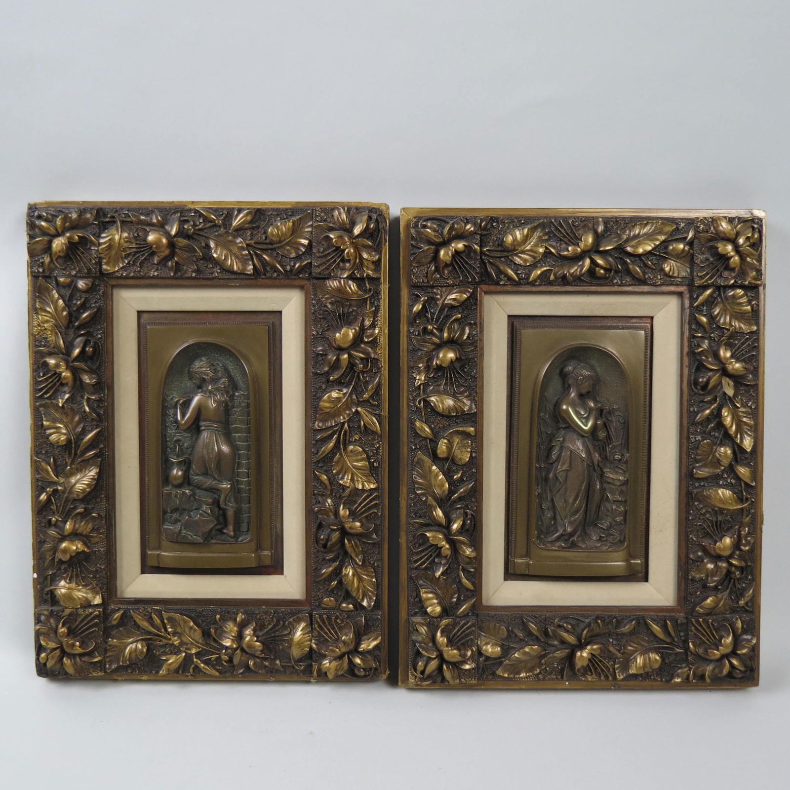 Pair of Framed Bronze Plaques of Young Maidens, (1 of 5)