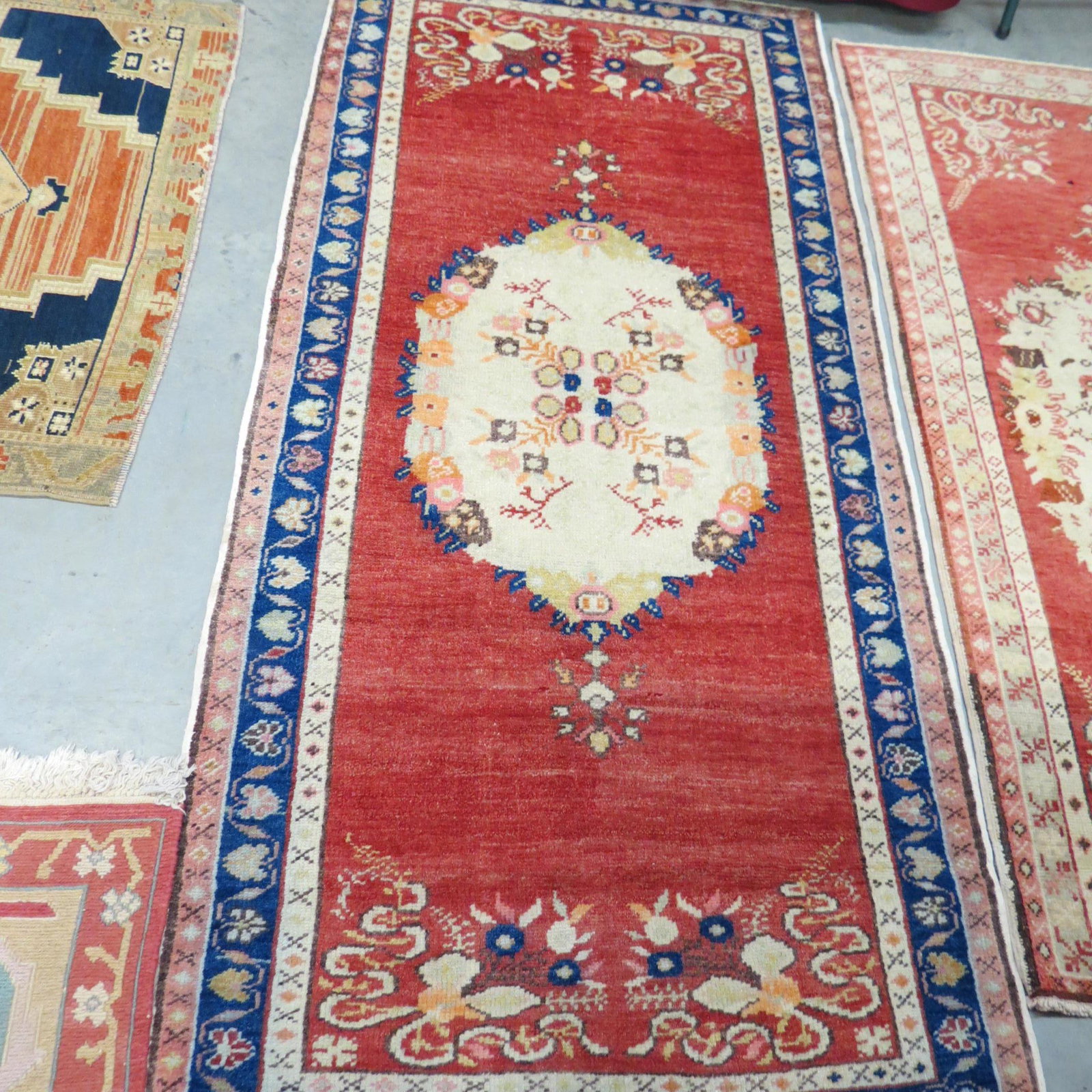 Oushak Turkish Handmade Rug,: center medallion with flower on ivory in salmon field, multi-border, 3'3" X 6'10".