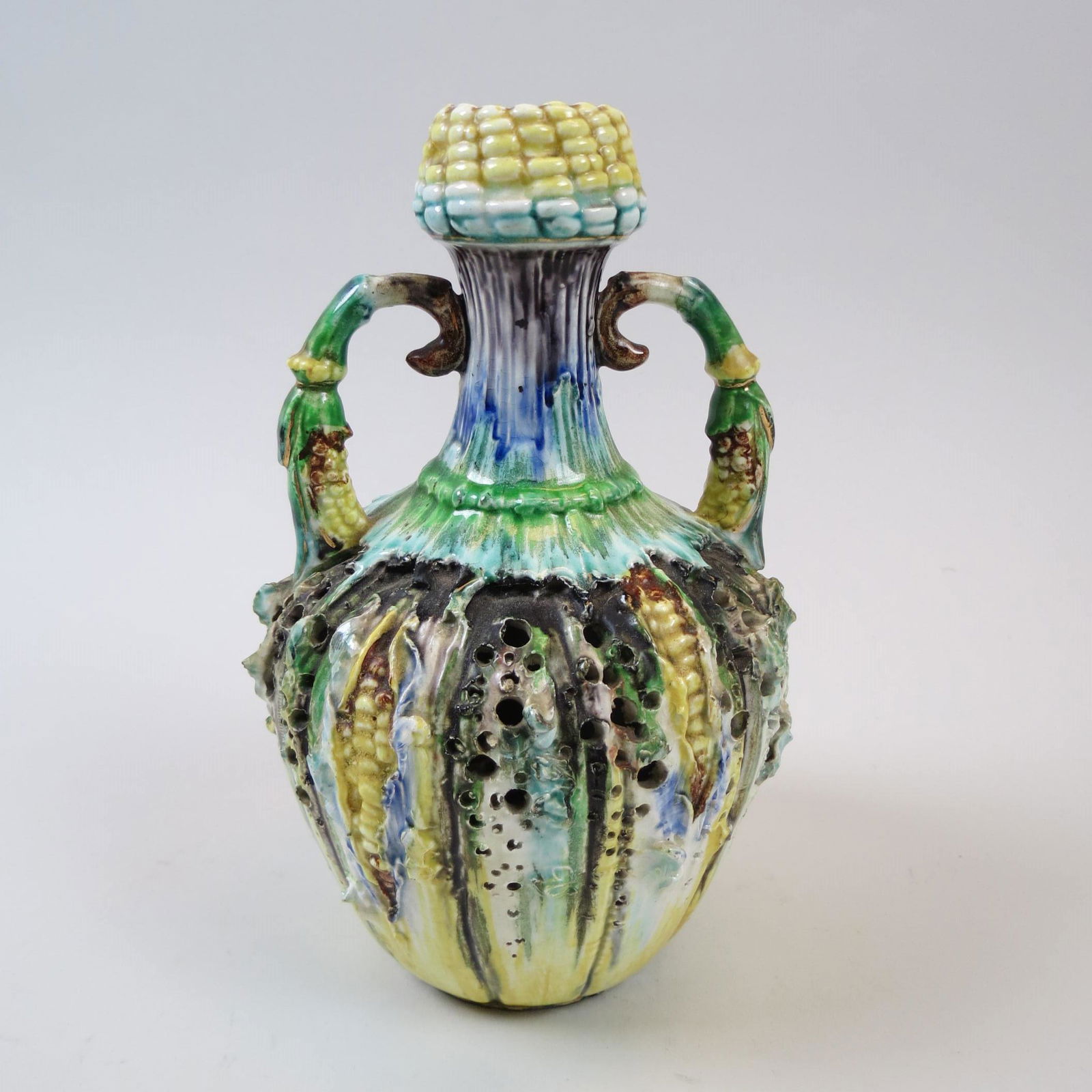 European Pottery Vase, colorful majolica style, (1 of 7)