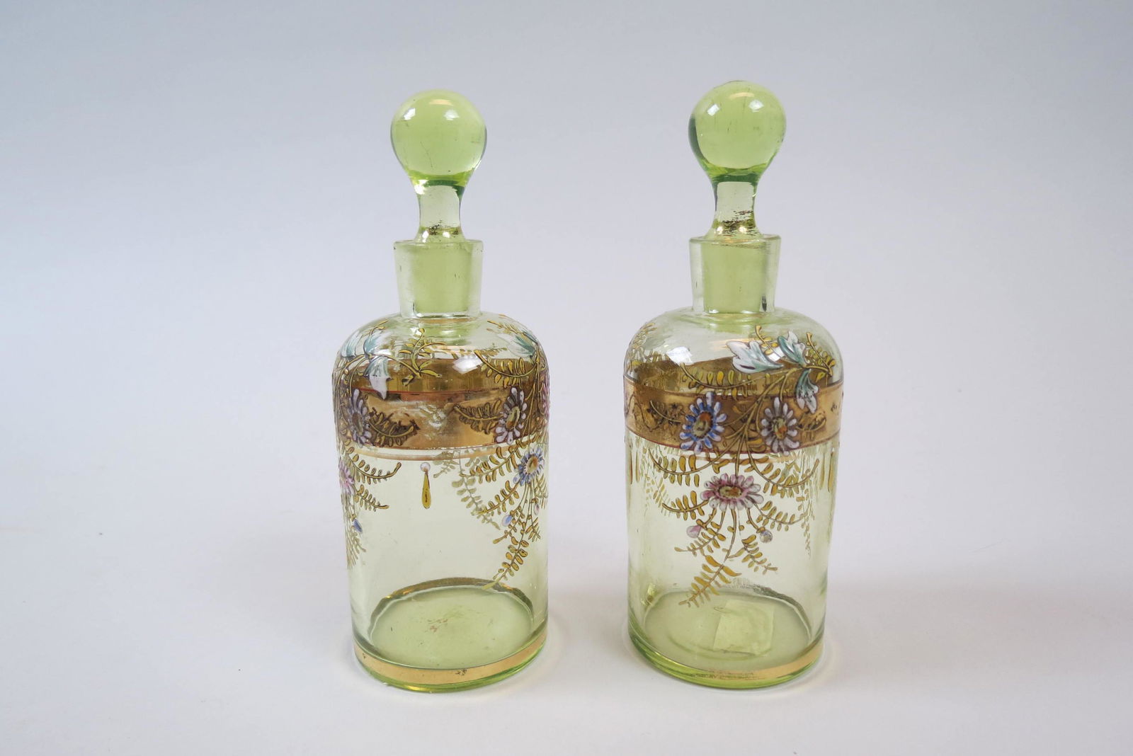 Pair of Enameled Vaseline Glass Perfume Bottles, (1 of 6)