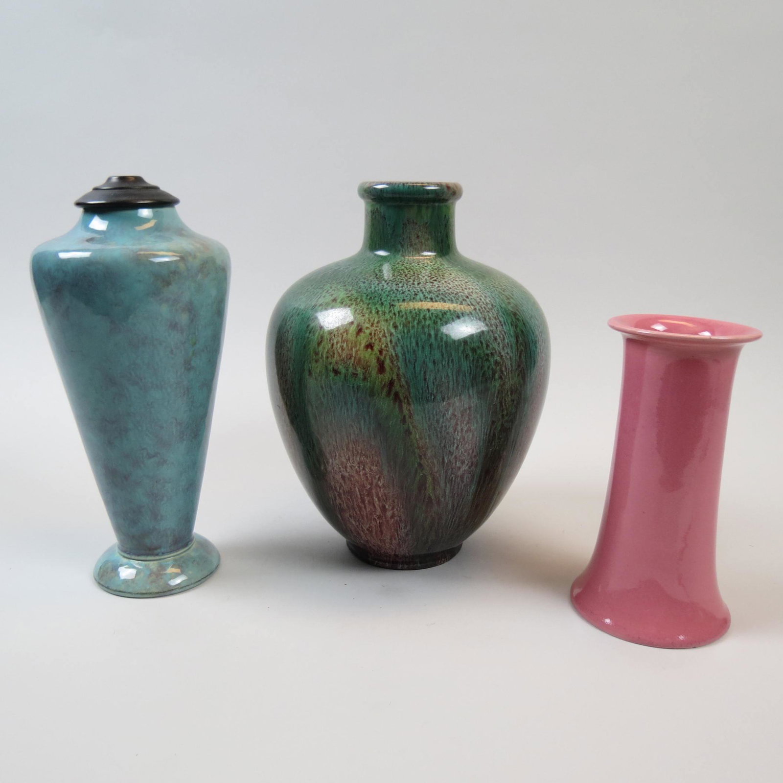 3 pcs. Dutch Bretby Pottery;: two vases and a lamp base, one with label from the collection of Dean and Mary Rockwell, tallest is 10", all signed, all excellent.