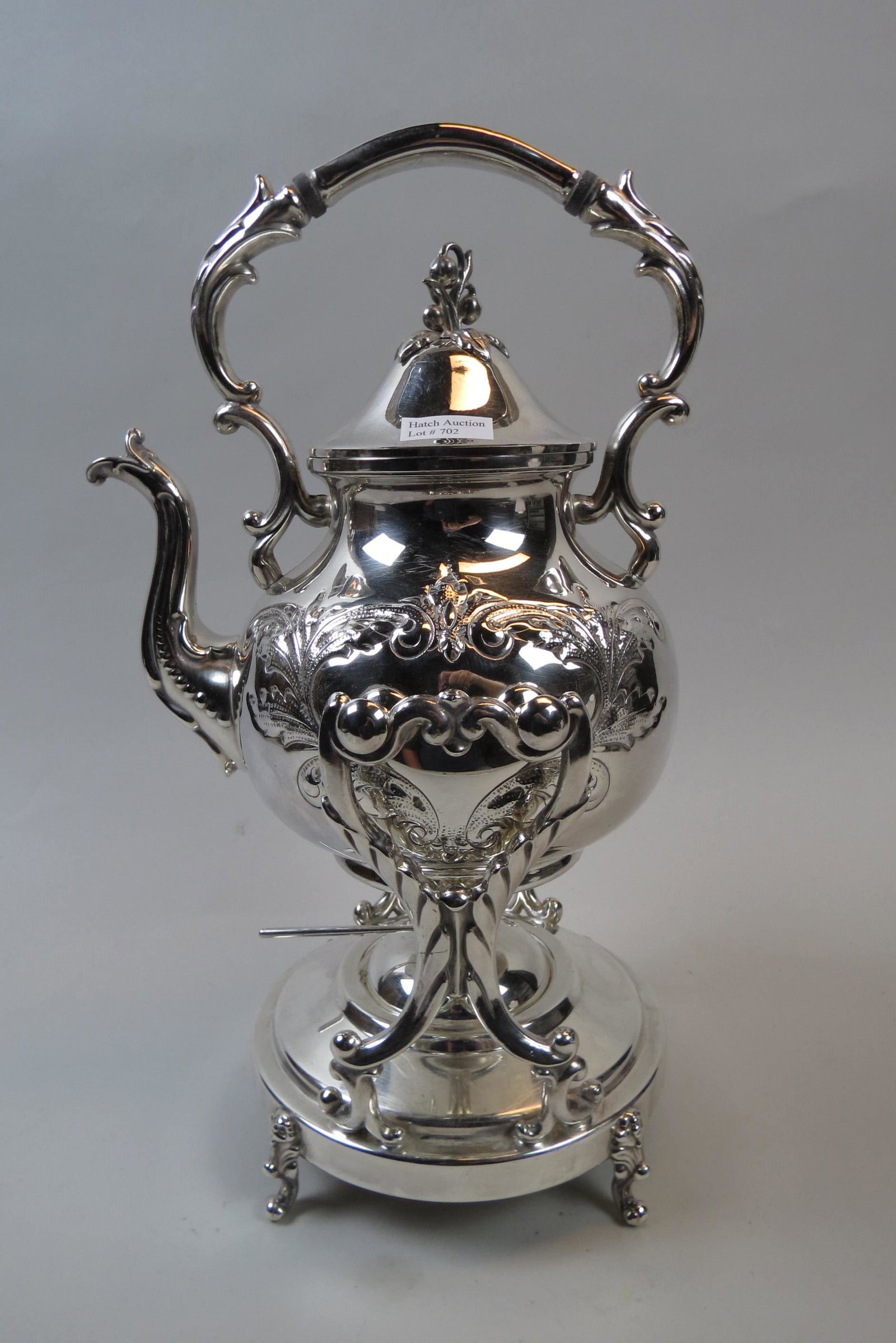 Silverplate Hot Water Kettle on Stand,: with burner, hand chased floral, 15" tall, excellent.