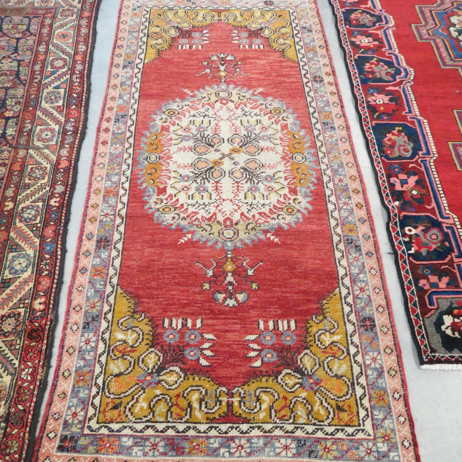 Oushak Turkish Handmade Rug,: center medallions with flowers on ivory, salmon field, tan corners, 3' X 6'5".