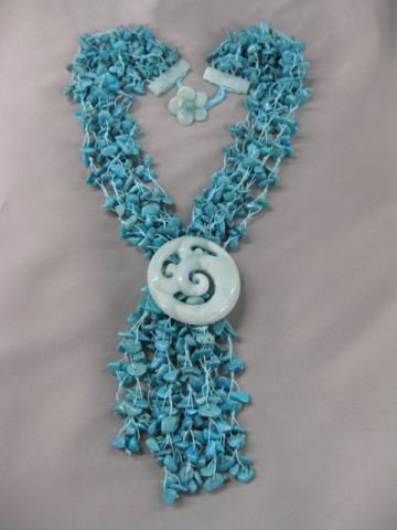 Carved Jade & Turquoise Necklace,: six strands, 20" long plus 4" of tassel, stunning.