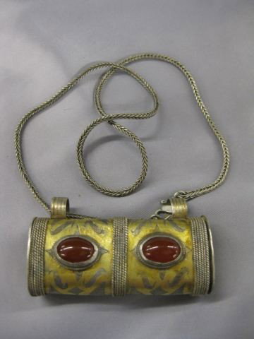 Persian Sterling & Carnelian Necklace,: unusual compartment, gold trim, 20" long.