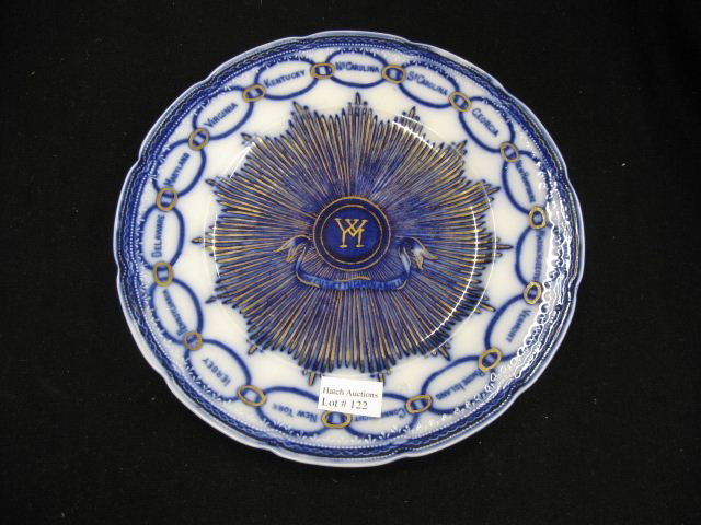 Flow Blue Ironstone Plate,: first 15 colonies, 9", excellent.