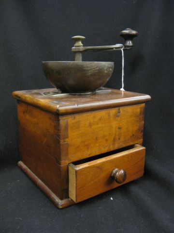19th Century Coffee Grinder,: cast iron with dovetailed wooden box, 6 1/2" square, signed?
