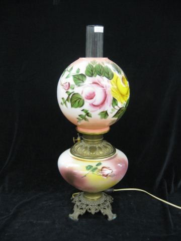 Victorian Gone-with -the-Wind Lamp,: floral, matching shade, 24" tall, electrified.