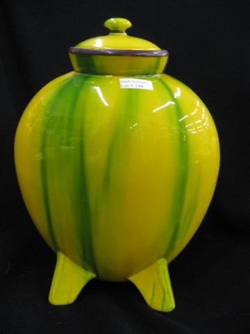 Minton Art Pottery Covered Urn,: green slip glaze on yellow, footed, 12" tall, excellent.
