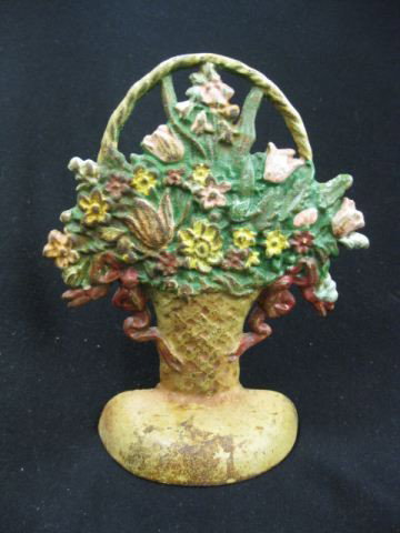 Cast Iron Figural Doorstop,: basket of flowers, 8".