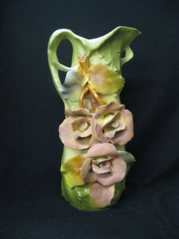 Royal Dux Porcelain Pitcher,: applied floral decor, 10".