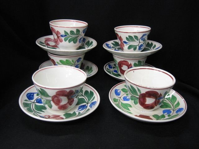 6 Ironstone Cups & Saucers,: rose decor, handles, 19th century.