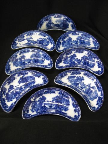 Set of 8 Flow Blue Side Dishes,: "Fairy Villas", 6 3/4".