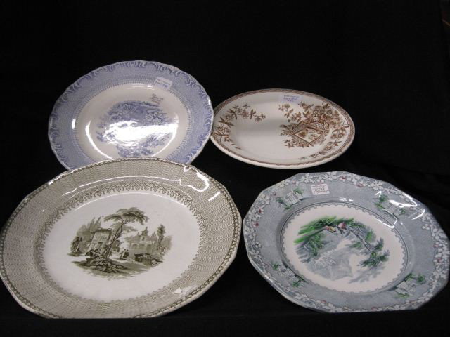 4 Ironstone Transferware Plates,: 8" to 11", various designs & colors.