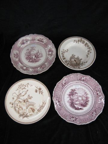 4 Victorian Ironstone Transferware Plates,: various colors & designs, 8 3/4" to 10 1/2".