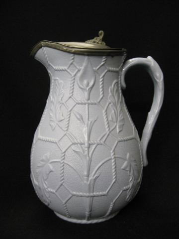 English Parian Tankard,: raised floral on blue, pewter top, 9", circa 1850.