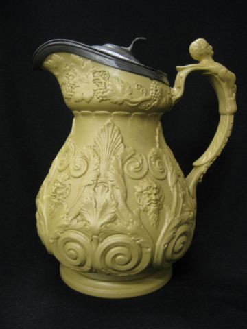 English Parian Tankard,: raised decor with Bacchus & grapes, figural handle, yellow, pewter lid, 9", circa 1850.