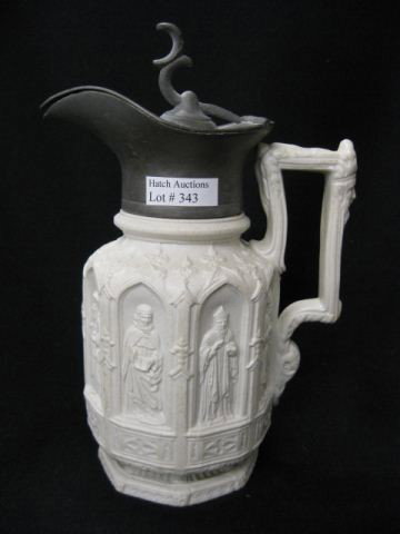English Parian Jug,: Apostle decor, pewter top, 8", circa 1850.