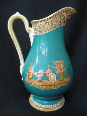 English Ironstone Pitcher,: Roman antiquities on green, 8".