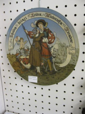 Mettlach Pottery Wall Plate,: incised scene of knight & maiden, cupid in background, 9" diameter, excellent.