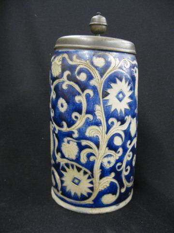 Early Pottery Stein,: carved floral & bird decor, blue decoration, 11".
