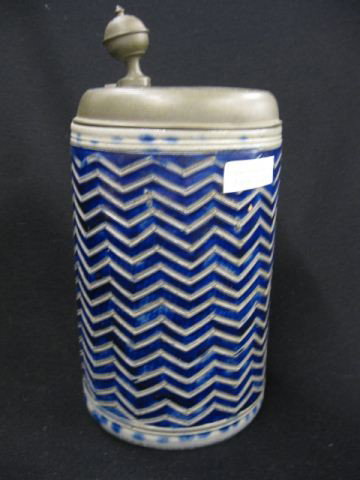 Early Pottery Stein,: engraved pewter lid dated 1773 with angel, carved body with zig-zag & blue decor, 10 1/2".