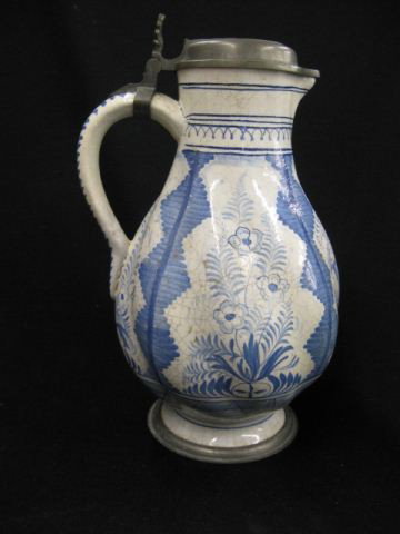 Early Fiaence Style Pottery Tankard: or stein, handpainted basket of fruit & florals, pewter lid, signed, 10 1/4".
