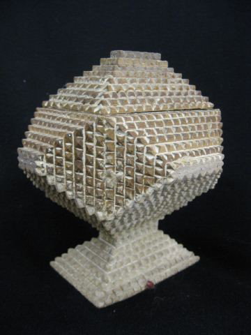 Tramp Art Wooden Jewelry Box,: made from cigar boxes, 7". "... Tramp Art is also a wanderer's art form: so again, there are no written records of the carvers' work. The stories of this art form became the facts; the misconceptions 