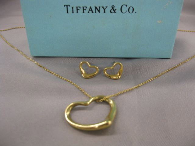Tiffany 18k Gold Necklace & Earrings, heart design: heart designs by Elsa Peretti, 16" chain, pierced style earrings.