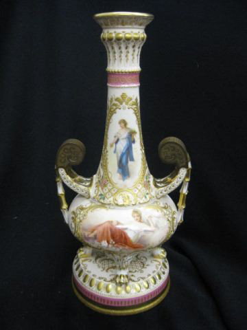 Royal Vienna Handpainted Porcelain Vase, Nymphe de: Nymphe design with maidens, elaborate goldwork, footed, bronze mounted handles, 11" tall, artist signed Burer, one handle has hairline.
