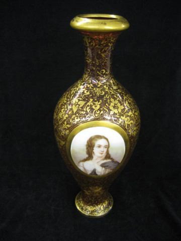 Bohemian Cranberry Art Glass Portrait Vase, cameo : cameo of young girl, elaborate gold work, attributed to Moser, circa 1880, 18 1/4" tall, drilled for lamp base.