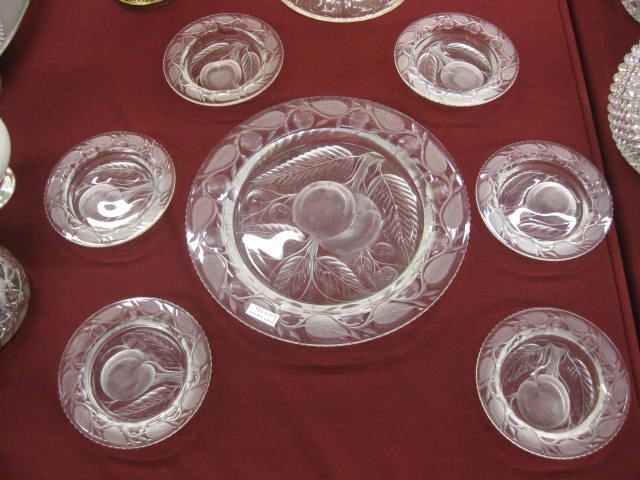 Brilliant Period Intaglio Cut Glass Berry Set, fru: fruit decor, 10 1/2" master bowl with 6-5 1/4" individual bowls, excellent.