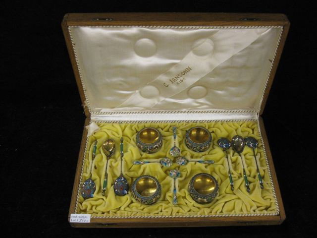 Russian Enameled Sterling Set, 6 coffee spoons (4: spoons (4-1/4") together with four open salt cellars and 4 salt spoons, in box, 19th Century, 280 grams total, Superb!