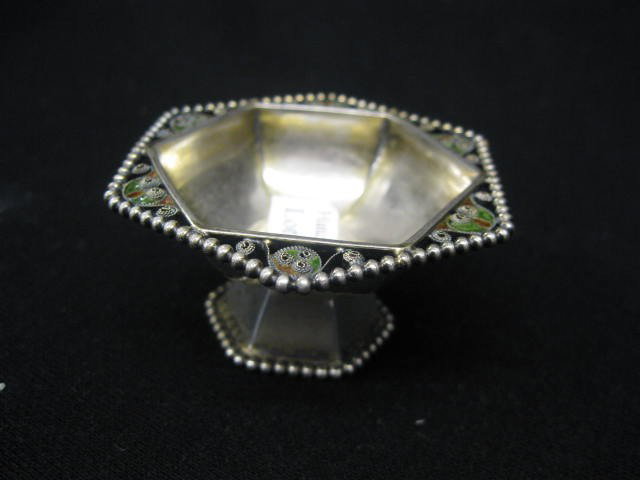 Plique-a-jour Enameled Sterling Silver Salt cella: cellar, hexagon form, pedestal base, beaded trim, signed.