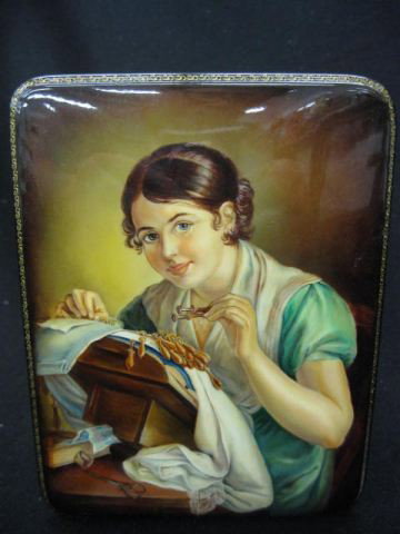 Russian Lacquerware Handpainted Box, fine miniatu: fine miniature of young seamstress, 5" x 6 1/4", signed, excellent.