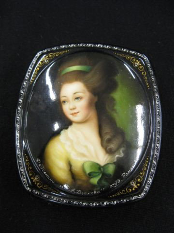 Russian Lacquerware Handpainted Box, miniature po: miniature portrait of young lady, artist signed, 3 1/4" x 3 3/4", excellent.