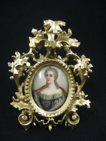 Miniature Portrait Painting on Porcelain, Maria T: Maria Theresa de Bongrie, 2 3/4" x 3 1/2" oval image area in ornate Italian wooden frame, circa 1880, artist signed.